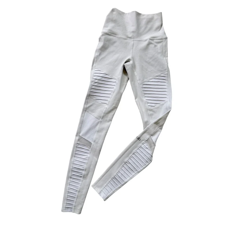 Alo Yoga High Waist Moto Leggings White Quilted Mesh Panels XS RN87370 Athletic